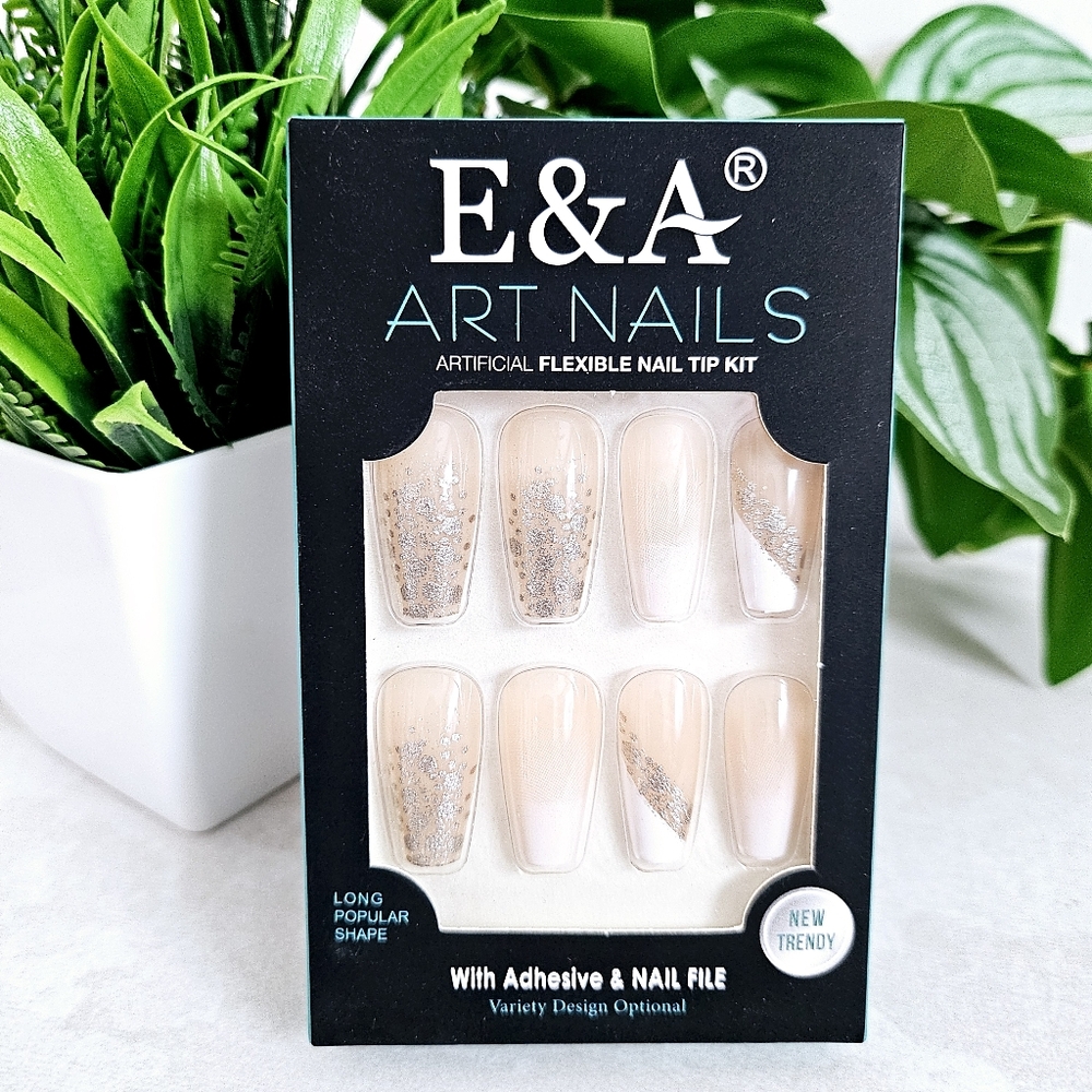 🆕️Press On Nail DIY Long Nails Kit Spring/Summer Beige Shimmer Art Designs